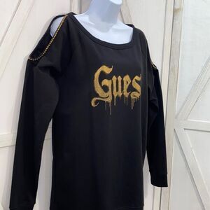 Guess Studded Cold Shoulder Logo Sweatshirt In Black & Gold Size Medium